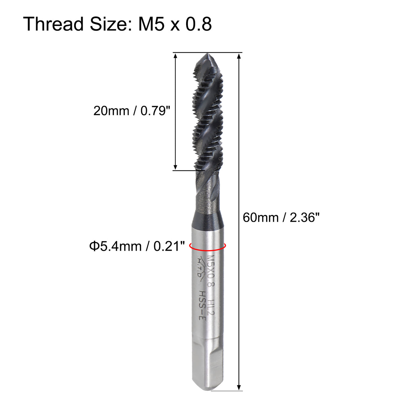 Harfington M5 x 0.8 Spiral Flute Tap Metric Machine Thread Tap HSS Nitriding Coated 2pcs