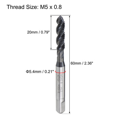 Harfington M5 x 0.8 Spiral Flute Tap Metric Machine Thread Tap HSS Nitriding Coated 2pcs
