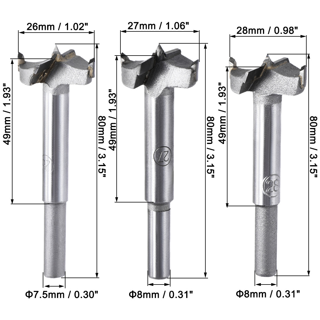 Harfington Forstner Wood Boring Drill Bits 26mm 27mm 28mm Dia. Hole Saw Carbide Alloy Steel Tip Round Shank Cutting for Hinge Plywood Wood Tool 3in1 Set