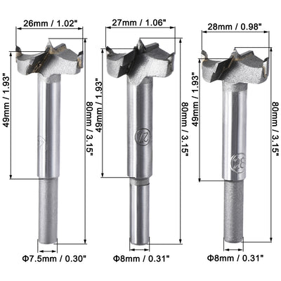 Harfington Forstner Wood Boring Drill Bits 26mm 27mm 28mm Dia. Hole Saw Carbide Alloy Steel Tip Round Shank Cutting for Hinge Plywood Wood Tool 3in1 Set
