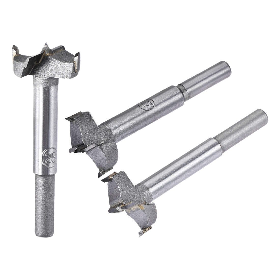 Harfington Forstner Wood Boring Drill Bits 26mm 27mm 28mm Dia. Hole Saw Carbide Alloy Steel Tip Round Shank Cutting for Hinge Plywood Wood Tool 3in1 Set