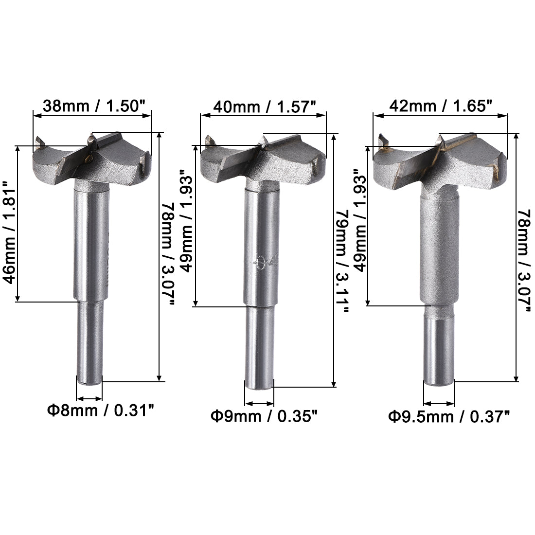 Harfington Forstner Wood Boring Drill Bits 38mm 40mm 42mm Dia. Hole Saw Carbide Alloy Steel Tip Round Shank Cutting for Hinge Plywood Wood Tool 3in1 Set