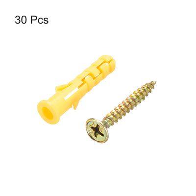 Harfington 6x30mm Plastic Expansion Tube for Drywall with Screws Yellow 30pcs