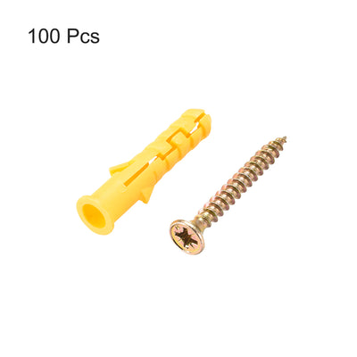 Harfington 8mmx40mm Plastic Expansion Tube for Drywall with Screws Yellow 100pcs