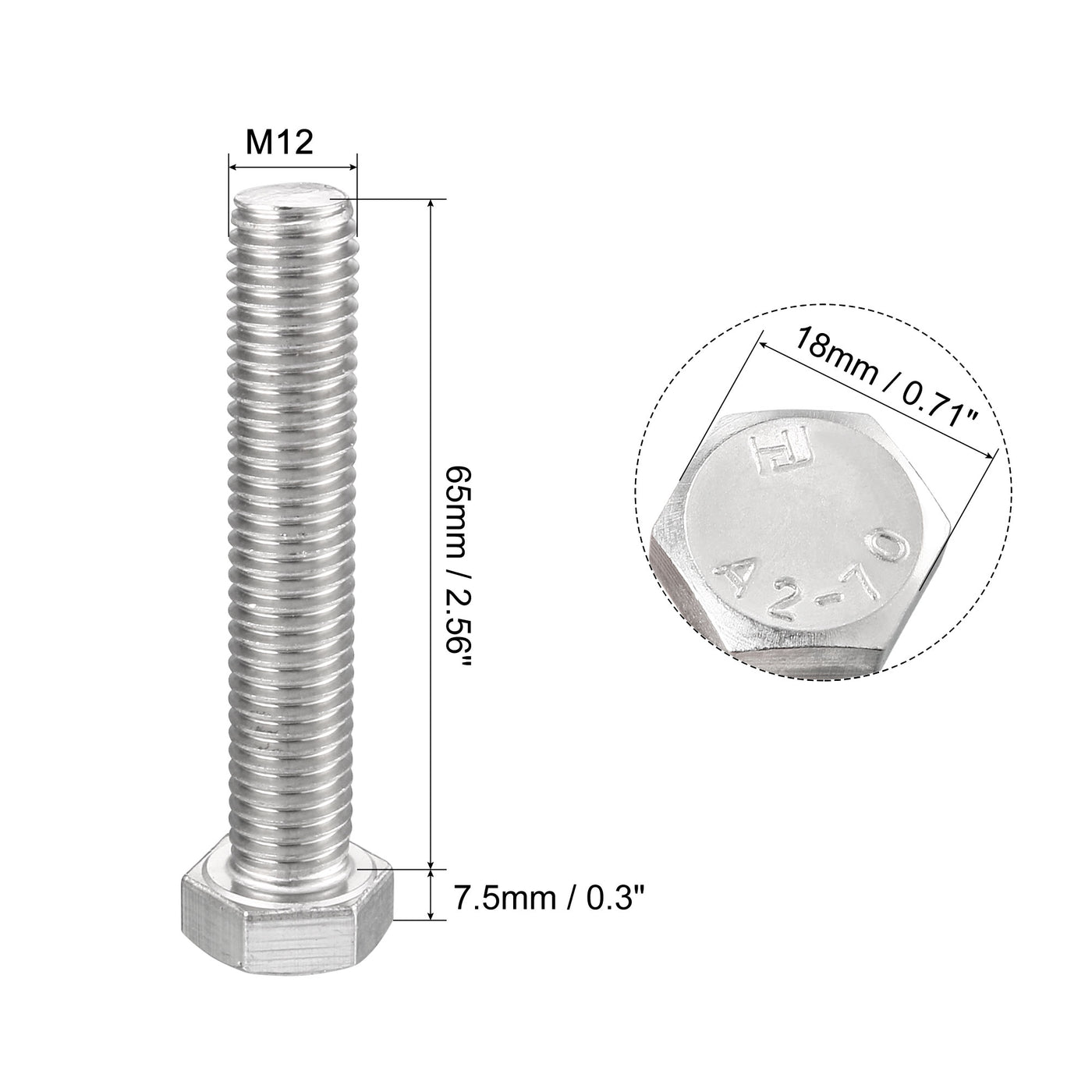 Harfington Hex Screw Bolt, Metric M12x65mm 304 Stainless Steel Fully Threaded Bolts 6pcs