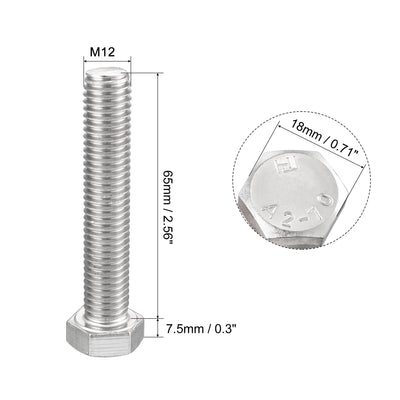 Harfington Hex Screw Bolt, Metric M12x65mm 304 Stainless Steel Fully Threaded Bolts 6pcs