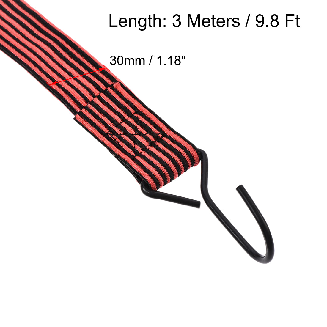 Harfington Flat Elastic Cord with Hook 3 Meters x 30mm Latex PP for Hand Carts Luggage Rack Cargo, 3 PCS