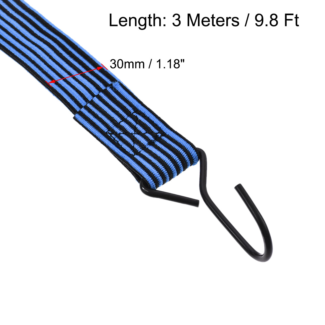 Harfington Flat Elastic Cord with Hook 3 Meters x 30mm Latex PP for Hand Carts Luggage Rack Cargo, 3 PCS