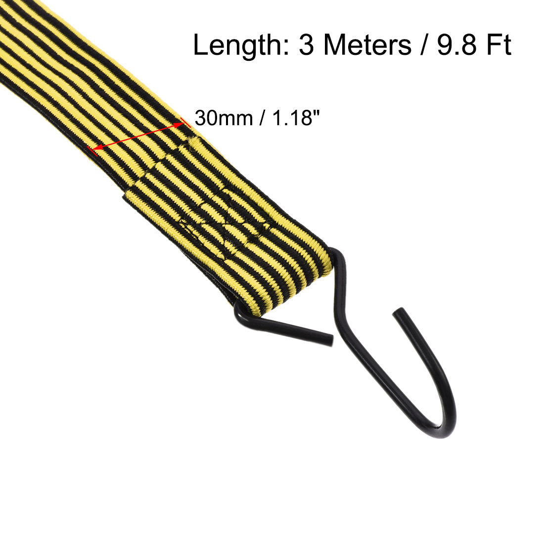 Harfington Flat Elastic Cord with Hook 3 Meters x mm Latex PP for Hand Carts Luggage Rack Cargo, 2 PCS