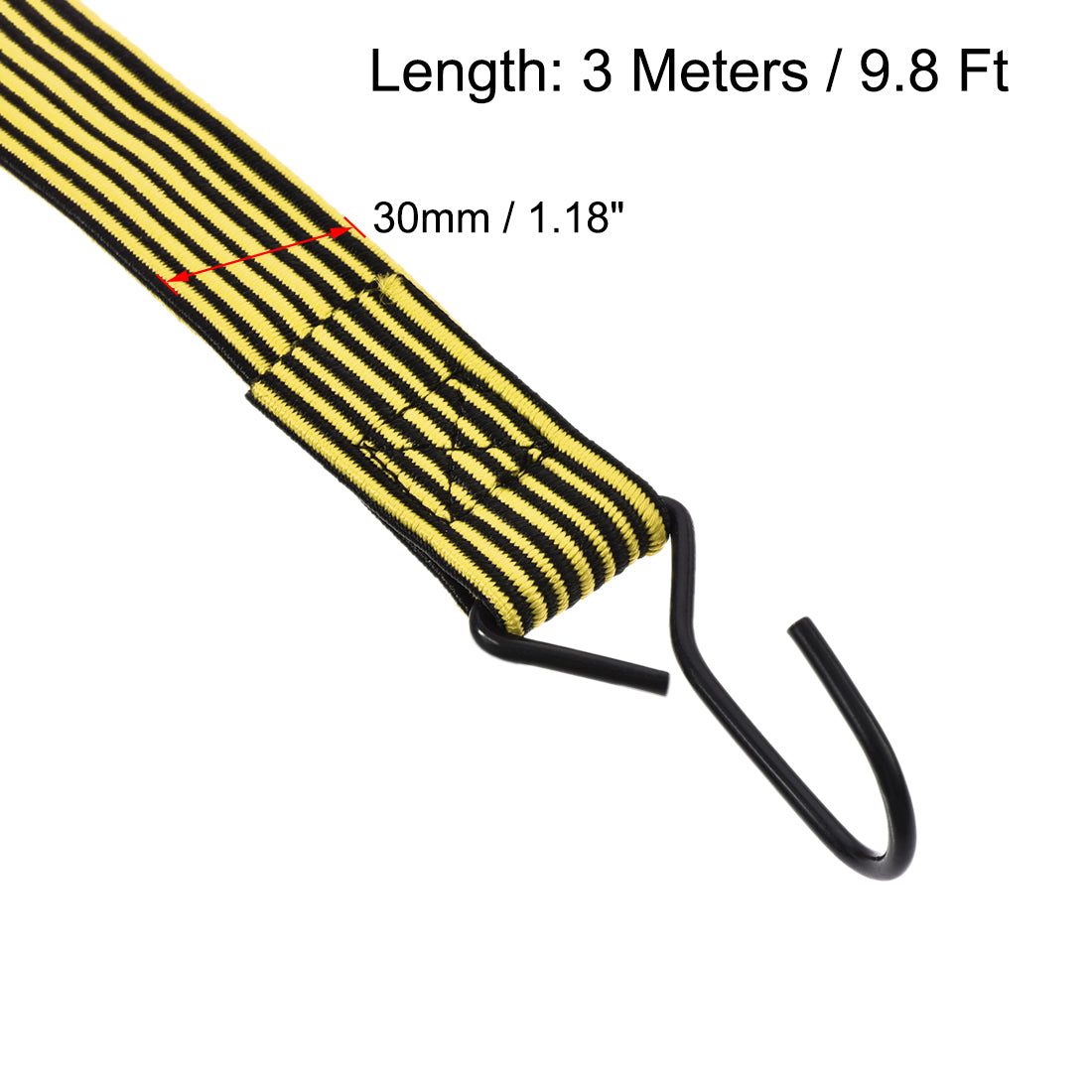 Harfington Flat Elastic Cord with Hook 3 Meters x 30mm Latex PP for Hand Carts Luggage Rack Cargo, 3 PCS