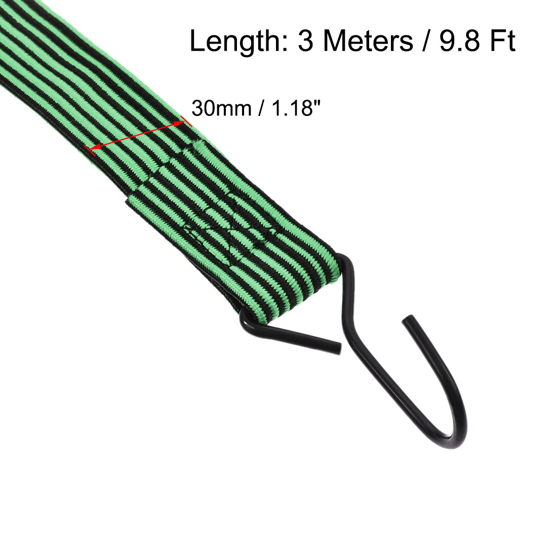 Harfington Flat Elastic Cord with Hook 3 Meters x mm Latex PP for Hand Carts Luggage Rack Cargo, 2 PCS