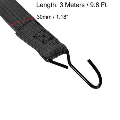 Harfington Flat Elastic Cord with Hook 3 Meters x 30mm Latex PP for Hand Carts Luggage Rack Cargo, 2 PCS