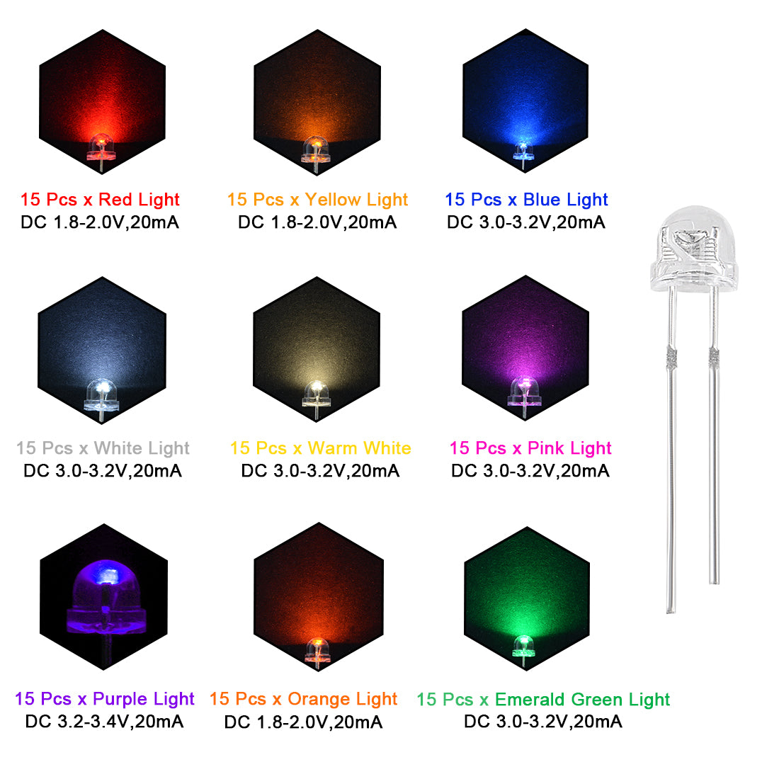 Harfington 135Set 5mm LED Diodes Kit with Resistors, 9 Colors Clear Straw Hat (for 6V-12V)