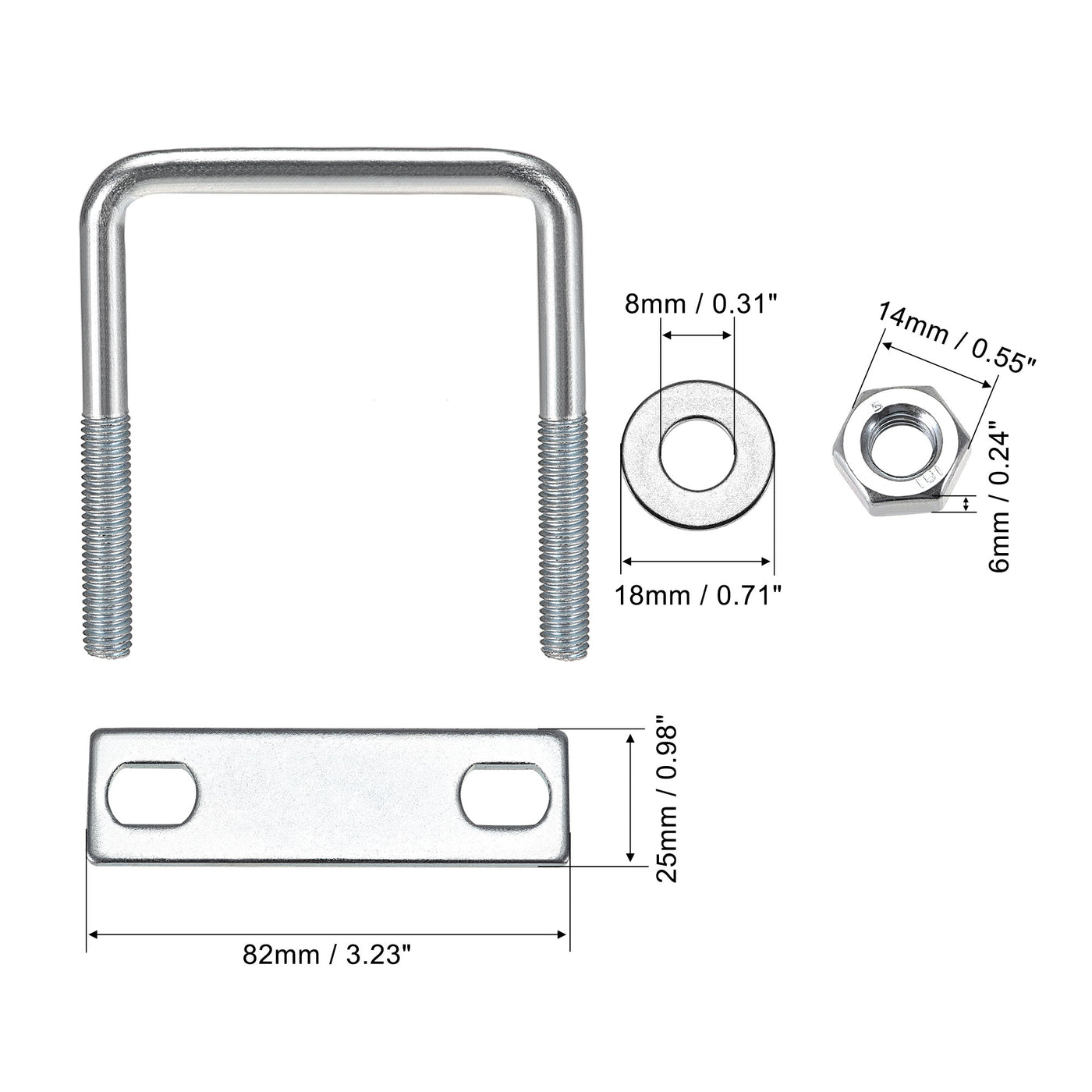 Harfington U-Bolts Carbon Steel with Nuts, Frame Plate, Round Washers