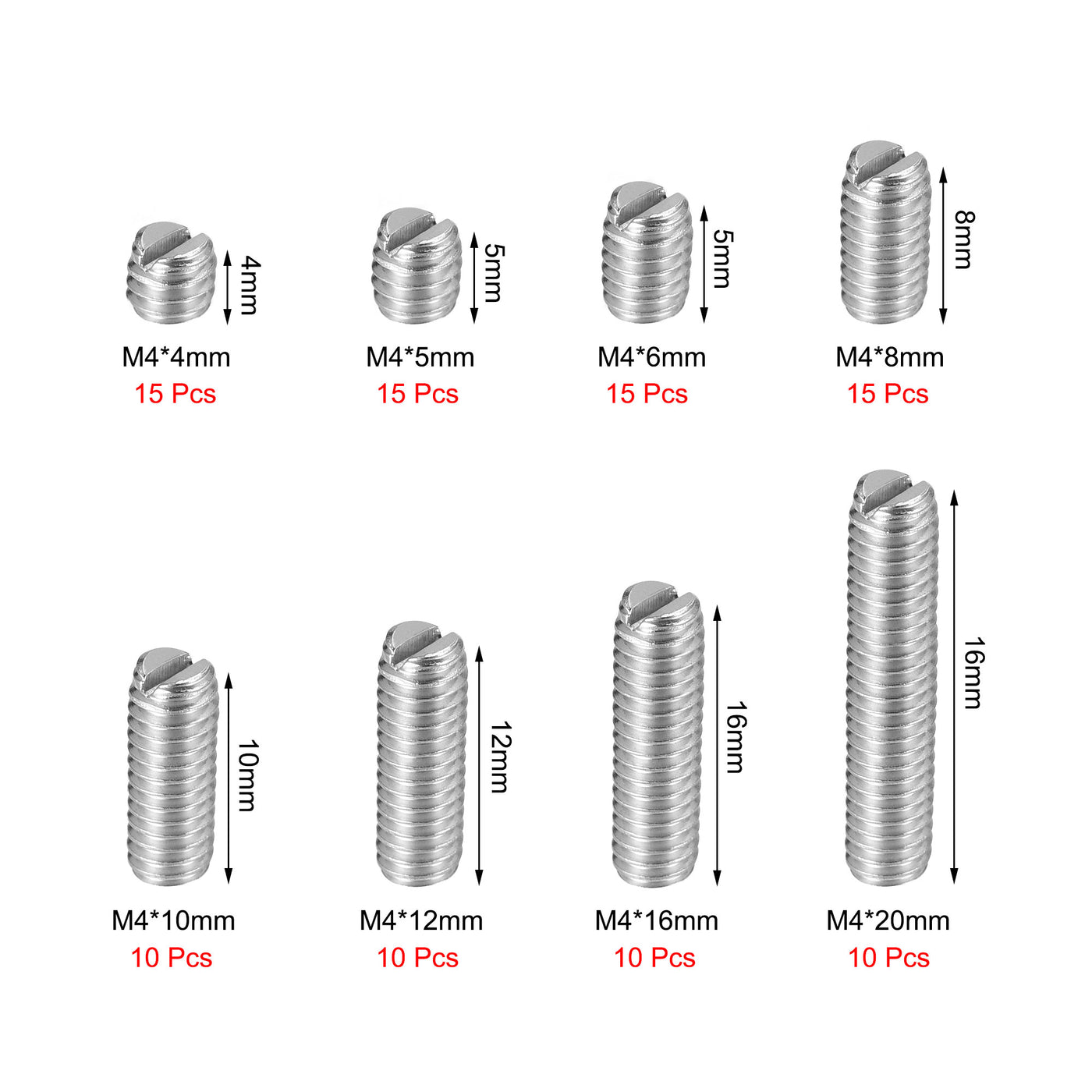 Harfington Slotted Set Grub Screws, M4 Metric 304 Stainless Steel Flat Point Set Screws Assortment Kit 1set (100pcs)