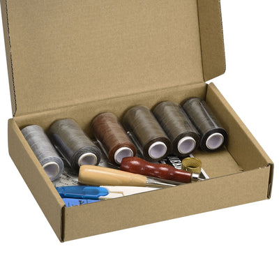 Harfington 18 Pcs Leather Tools Craft DIY Hand Stitching Kit, with Waxed Thread Cords, Sewing Needles, Stitching Awls, Scissors, Thimble, Measuring Tape