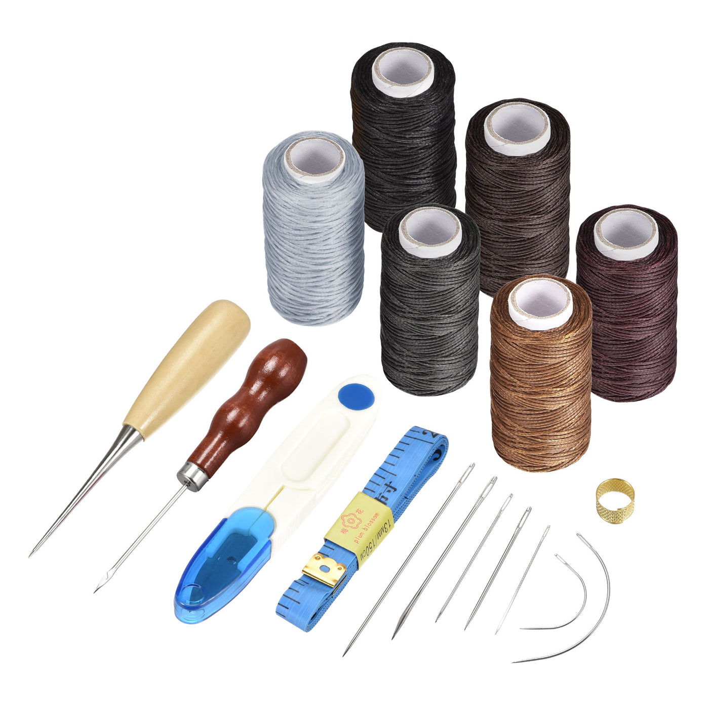 Harfington 18 Pcs Leather Tools Craft DIY Hand Stitching Kit, with Waxed Thread Cords, Sewing Needles, Stitching Awls, Scissors, Thimble, Measuring Tape
