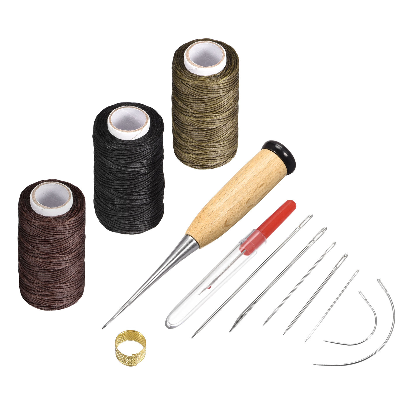 Harfington 13Pcs Leather Tools Craft DIY Hand Stitching Kit with Waxed Thread Cords, Sewing Needles, Stitching Awls, Sewing Thimble, Thread Unpicker