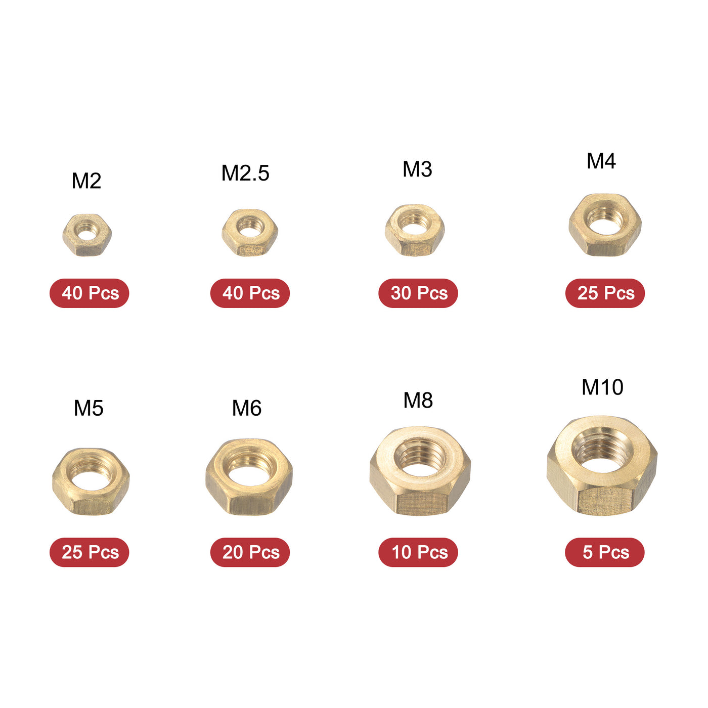 Harfington Hex Nuts 195Pcs 8-Size Metric Coarse Thread Brass Assortment Kit Size: M2 to M10