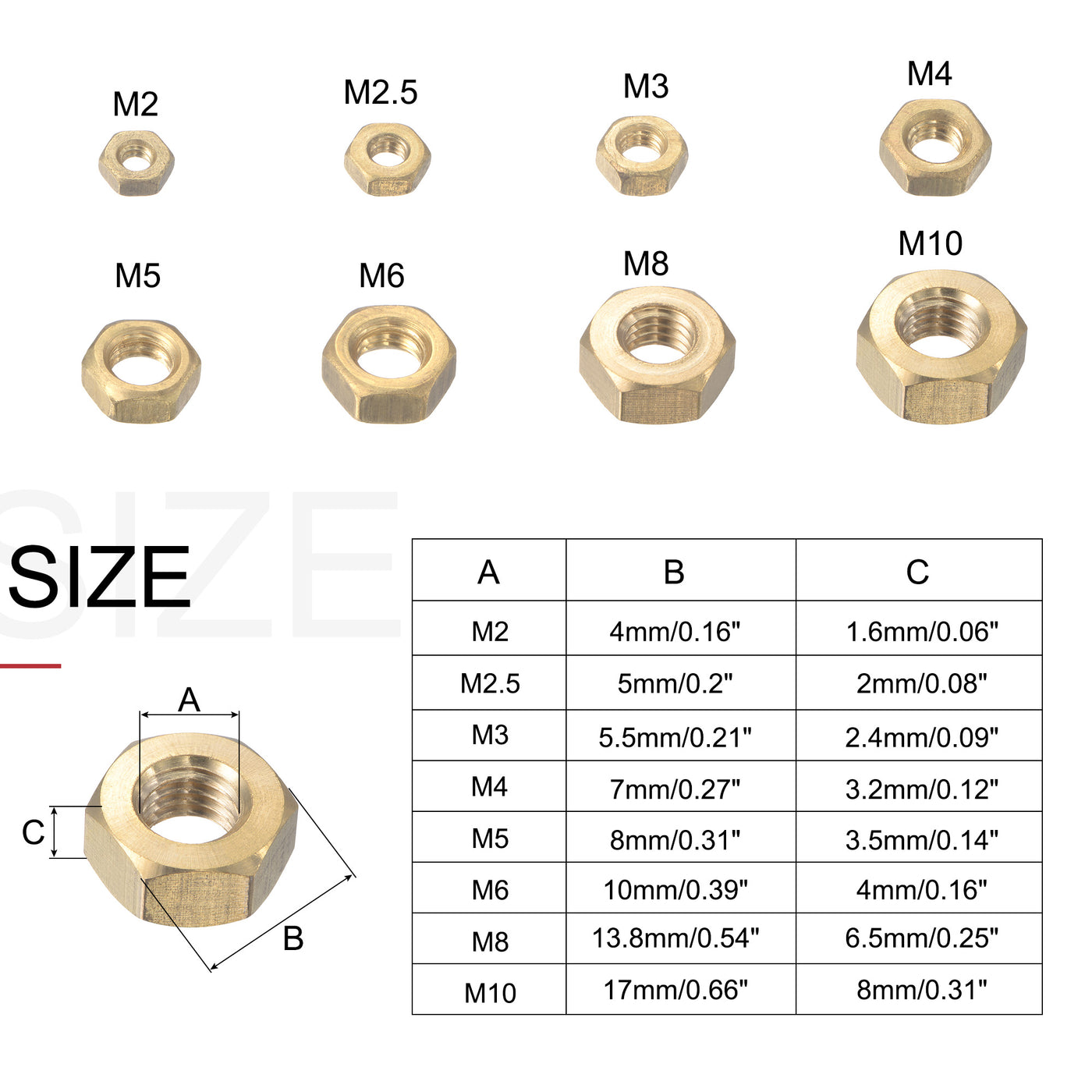 Harfington Hex Nuts 195Pcs 8-Size Metric Coarse Thread Brass Assortment Kit Size: M2 to M10