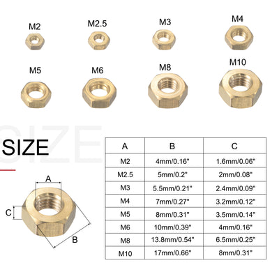 Harfington Hex Nuts 195Pcs 8-Size Metric Coarse Thread Brass Assortment Kit Size: M2 to M10
