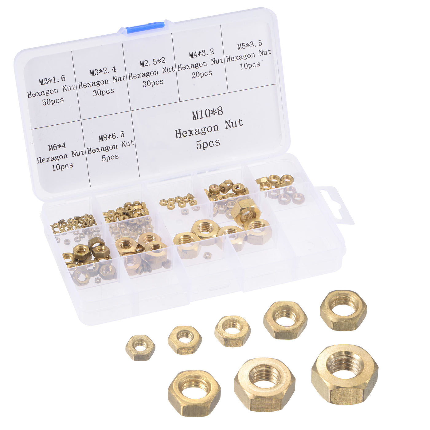 Harfington Hex Nuts 195Pcs 8-Size Metric Coarse Thread Brass Assortment Kit Size: M2 to M10