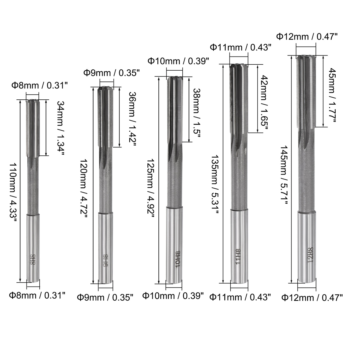 Harfington Chucking Reamer Set H8 Lathe Machine Reamer Straight Flute (3mm-12mm) 10pcs