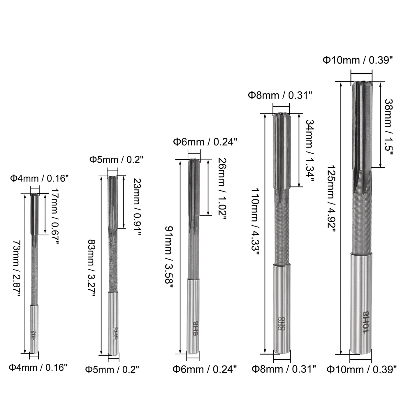 Harfington Chucking Reamer Set H8 Lathe Machine Reamer Straight Flute (4mm-10mm) 5pcs