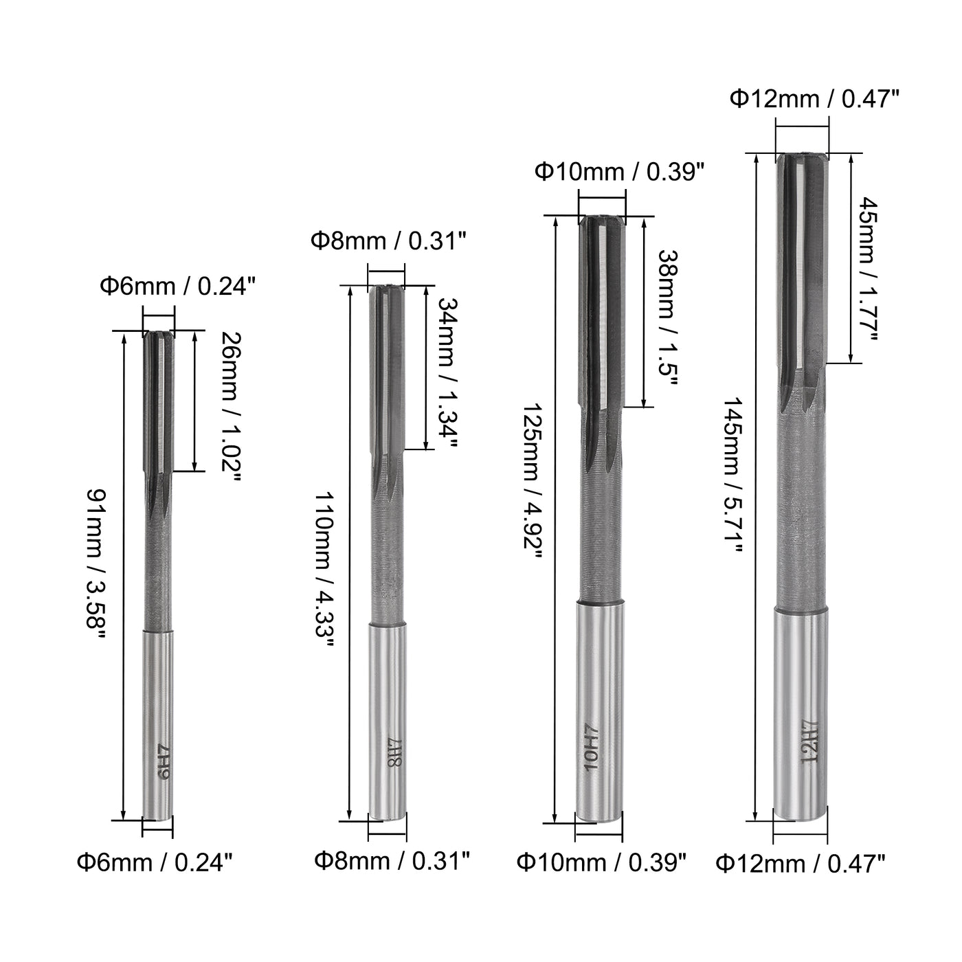 Harfington Chucking Reamer Set H7 Lathe Machine Reamer Straight Flute (6mm-12mm) 4pcs