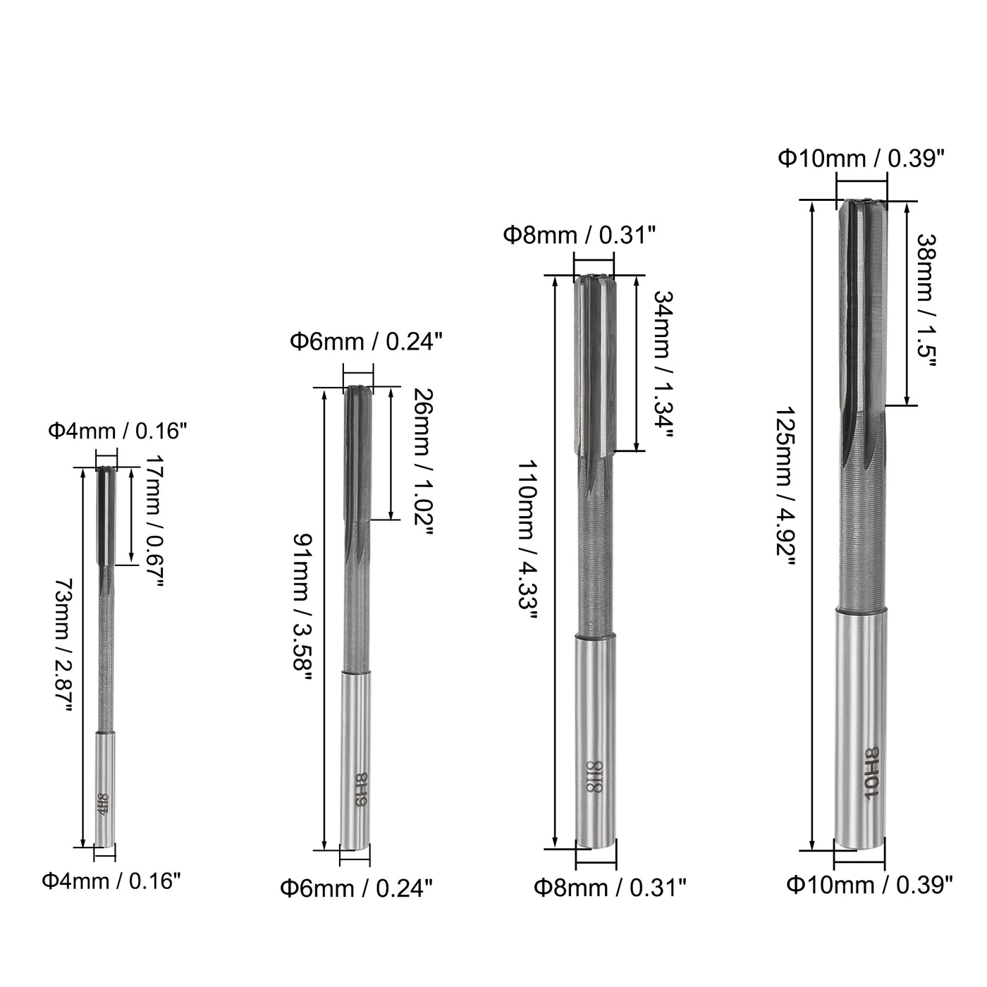 Harfington Chucking Reamer Set H8 Lathe Machine Reamer Straight Flute (4mm-10mm) 4pcs