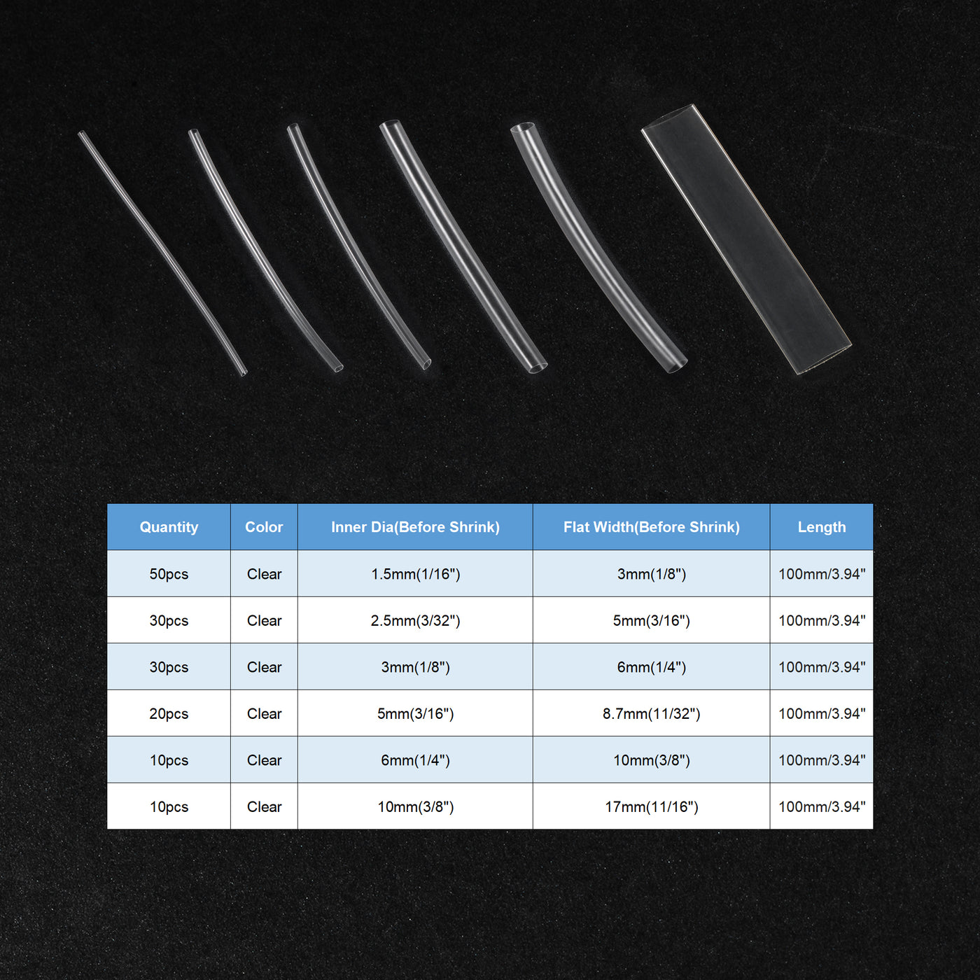 Harfington 150pcs 2:1 Heat Shrink Tubing Kit, Heat Shrink Tubes Wire Wrap Clear 1/16" 3/32" 1/8" 3/16" 1/4" 3/8"