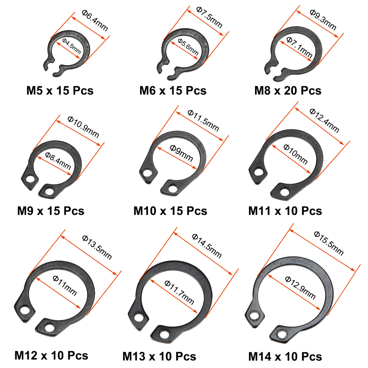 Harfington 180Pcs 15-Size External Retaining Ring Carbon Steel Assortment Set Black