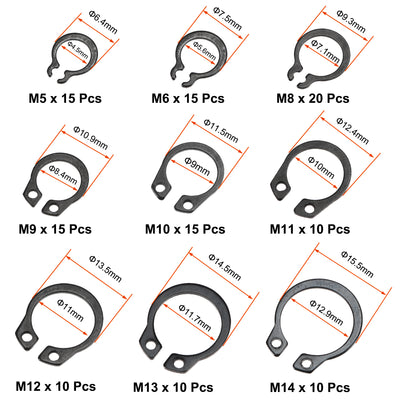 Harfington 180Pcs 15-Size External Retaining Ring Carbon Steel Assortment Set Black