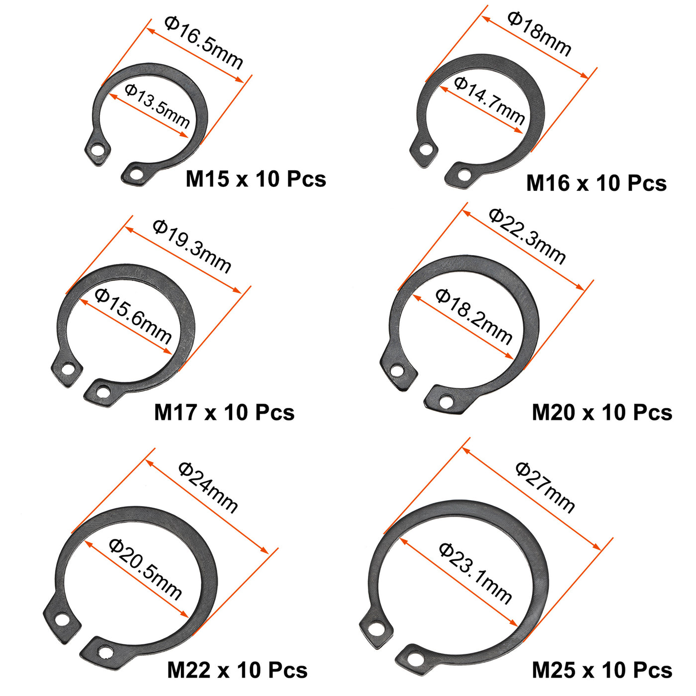 Harfington 180Pcs 15-Size External Retaining Ring Carbon Steel Assortment Set Black