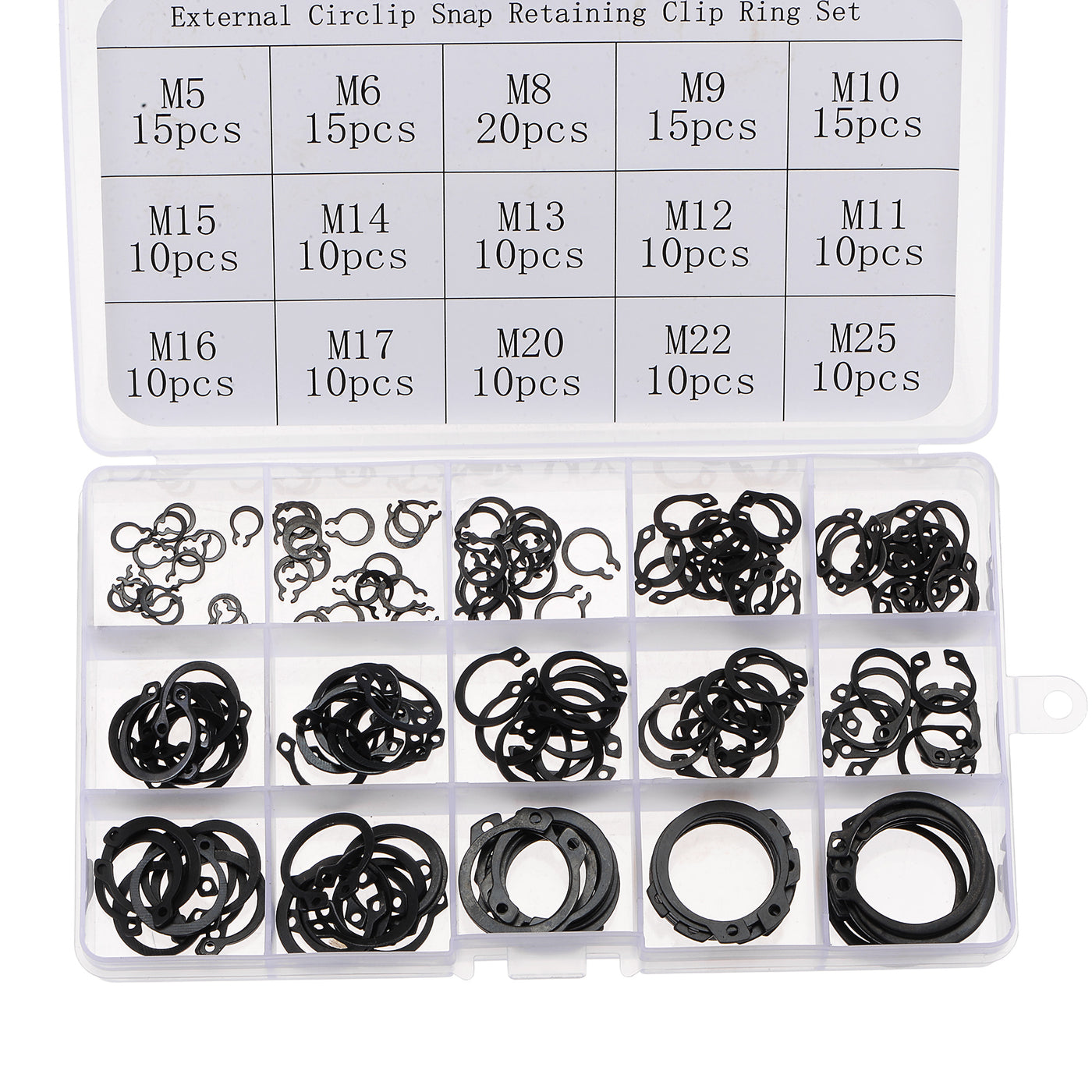 Harfington 180Pcs 15-Size External Retaining Ring Carbon Steel Assortment Set Black