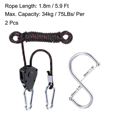 Harfington Adjustable Rope Hanger Crimped 1/8" 75lb Capacity Per Ratchet with Carabiner S Hook for Gardening Grow Light Fixtures, 2 in 1 Set