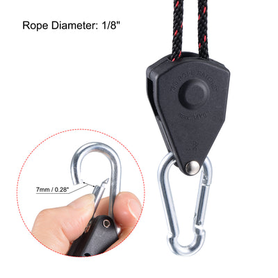Harfington Adjustable Rope Hanger Crimped 1/8" 75lb Capacity Per Ratchet with Carabiner S Hook for Gardening Grow Light Fixtures, 2 in 1 Set