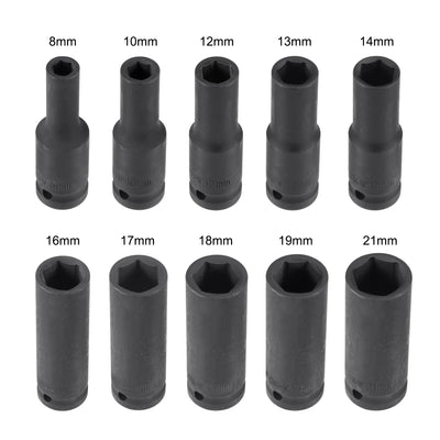 Harfington 1/2-Inch Drive Deep 6-Point Impact Socket Set, Metric, CR-MO, 10-Piece (8mm - 21mm)