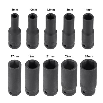 Harfington 1/2-Inch Drive Deep 6-Point Impact Socket Set, Metric, CR-MO, 10-Piece (8mm - 24mm)