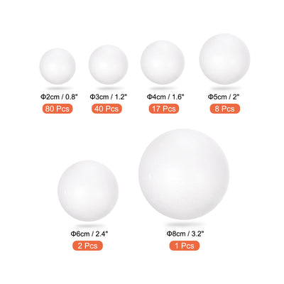 Harfington 148Pcs 6 Size White Polystyrene Foam Solid Balls for Crafts and Party Decorations
