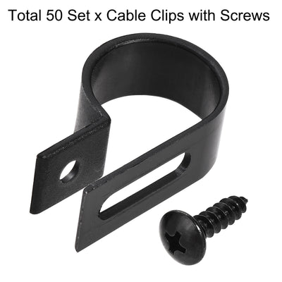 Harfington 19mm Nylon R Type Cable Clip Wire Clamp with Screws Black 50pcs