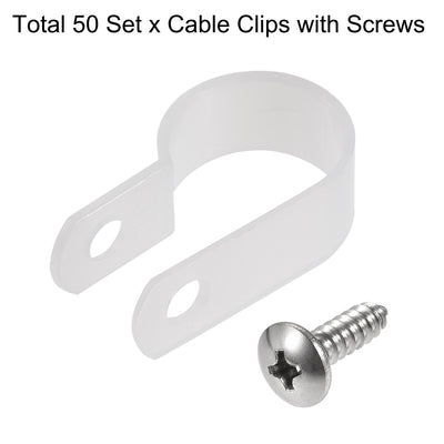 Harfington 16mm Nylon R Type Cable Clip Wire Clamp with Screws White 50pcs