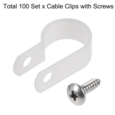 Harfington 16mm Nylon R Type Cable Clip Wire Clamp with Screws White 100pcs
