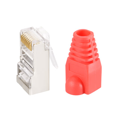 Harfington 50Sets Cat5e RJ45 Shielded Modular Plugs Connector w Red Strain Relief Boots