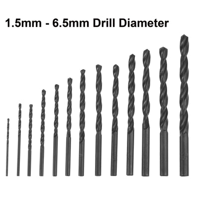 Harfington High Speed Steel Jobber Twist Drill Bit Set Black Oxide 1.5mm - 6.5mm 13 Pcs