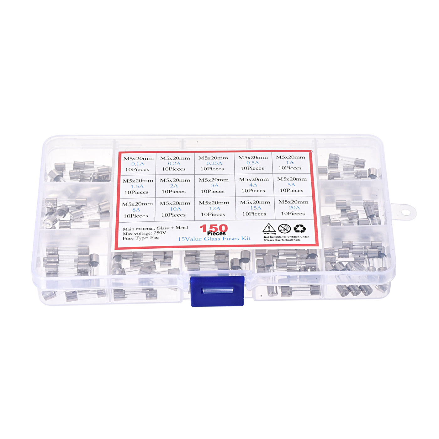 Harfington 0.1A - 20A 250V 5x20mm Fast Blow 15 Value 150pcs Glass Fuses Kit