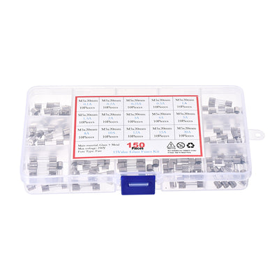 Harfington 0.1A - 20A 250V 5x20mm Fast Blow 15 Value 150pcs Glass Fuses Kit