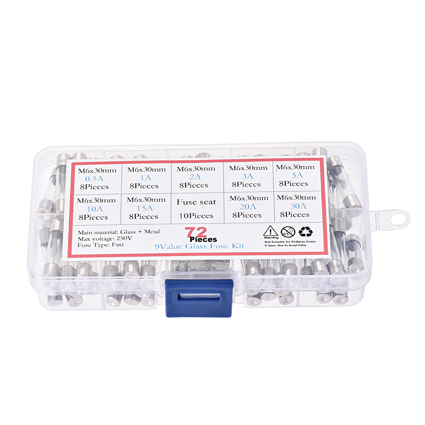 Harfington 0.5A - 30A 250V 6x30mm Fast Blow 9 Value 72pcs Glass Fuses Kit with Fuse Seat
