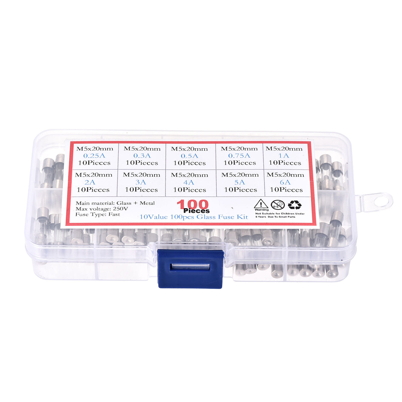 Harfington 0.25A - 6A 250V 5x20mm Fast Blow 10 Value 100pcs Glass Fuses Kit