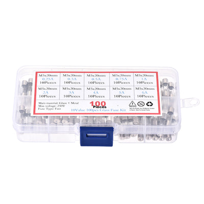 Harfington 0.25A - 6A 250V 5x20mm Fast Blow 10 Value 100pcs Glass Fuses Kit